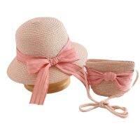 XEONGKVI Rural Style Pink Butterfly Ribbon Parent-Child Sun Hats Bag Set Spring Summer nd Beach Straw Cap For Women Girl