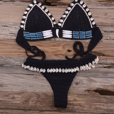 2pcs Shells Tassel Knit Crochet Bikini Women Swimwear Female Swimsuit Two-piece Bikini set zilian Bather Bathing Suit Swim