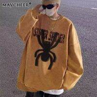 MAYCHEER เสื้อสเวตเตอร์สำหรับผู้ชายเสื้อยืดพิมพ์ลายแมงมุมหรูหรามีเอกลักษณ์แขนยาว