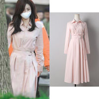 Spot parcel post White Dews Wang Churan Same Style Waisted Pink Classic Style Shirt Dress Fashionable Pleated Design Mid-Length Dress for Women