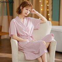 Women Short Sleeve Robes Solid Waffle Sleepwear Couple Belt Skin-Friendly Comfortable Bathrobe Home Absorbent Simple Robe Femme