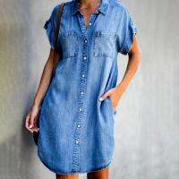 New Arrival Summer Women Denim Dress Short Sleeves Loose A-Word Dresses s V-neck Solid Denim Dresses Shirt Dress 17139