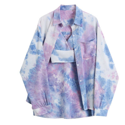KOSAHIKI Two Piece Set Harajuku Tie Dye Clothes Long Sleeve Blouse + Cropped Vest Tank Top 2021 Autumn Fashion Streetwear