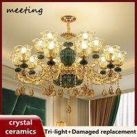 Lampu Gantung Kristal สามสีเซรามิคสไตล์ยูโรปบ้านสุดหรูห้องนั่งเล่นติดไฟตกแต่งในโถงนิทรรศการห้องรับประทานอาหาร