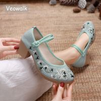 Veowalk รองเท้าส้นเตี้ยปักแจ็คการ์ดนุ่ม,รองเท้าสไตล์จีนย้อนยุคสายรัดข้อเท้ารองเท้าผู้หญิงลำลองสวมใส่สบายขนาดกลาง6ซม. จากร้าน HOT Jikhkil 688