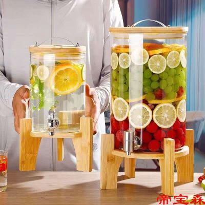 [COD] Large-capacity glass wine bottle cold kettle with faucet lemon jug juice cola beverage bucket container