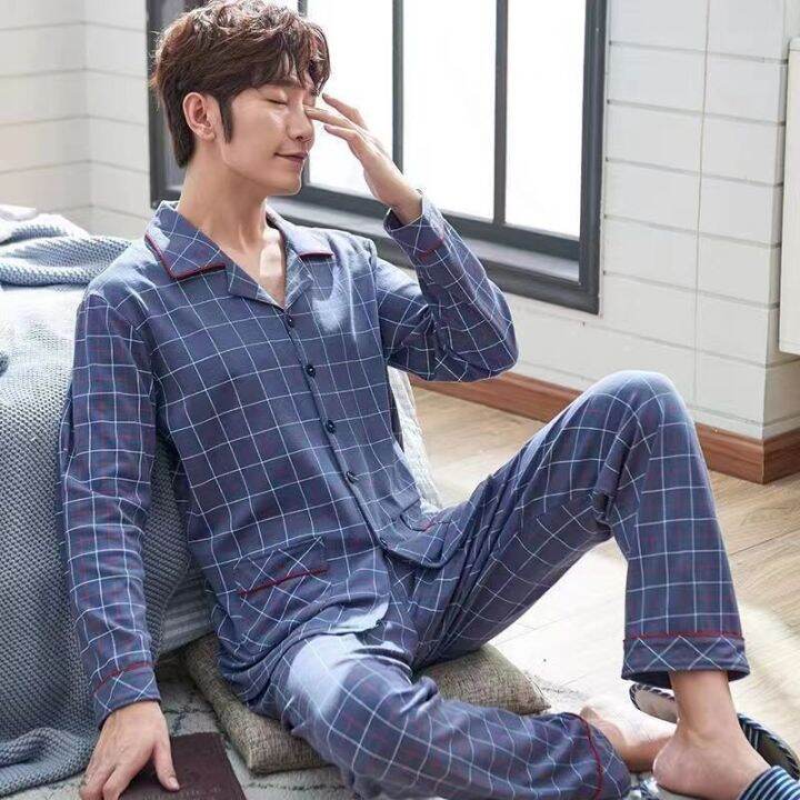 muji-high-quality-pajamas-mens-pure-cotton-long-sleeved-middle-aged-and-old-youth-spring-and-autumn-winter-cardigan-lapel-large-size-mens-pajamas-home-clothes-set