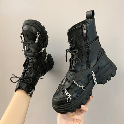 comemore 2021 Leather Womens Army Ankle Boots Middle heel Lace Up Black Goth Ladies Shoes Autumn y Chain Quality Punk Boot