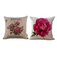 2Pcs Vintage Floral/Flower Flax Decorative Throw Pillow Case Cushion Cover Home Sofa Decorative - Big Rose &amp; 3 Roses