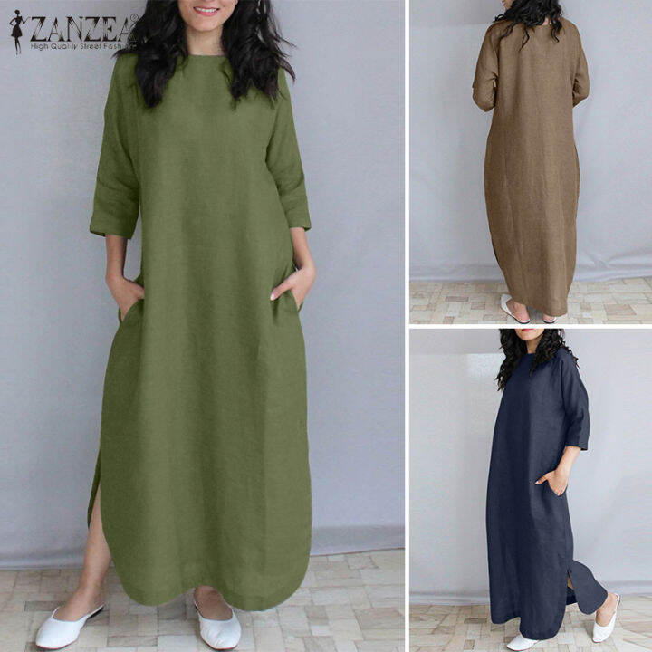 Clearance Sale Cheap）Esolo ZANZEA Womens Summer 3/4 Sleeve Plain Loose  Waist Holiday Casual Oversized Maxi Dresses #8 | Lazada Singapore