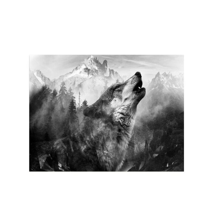สไตล์นอร์ดิกป่าหัวหมาป่าภาพผนังศิลปะ-สัตว์ป่าโปสเตอร์สีดำสีขาวผ้าใบจิตรกรรมพิมพ์-สำนักงานบ้านประดับห้อง