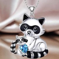 Fashion Mother Child Raccoon Necklace Heart Crystal Pendant Engagement Necklaces for Women Animal Jewelry Party Anniversary Gift
