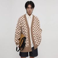 Green Checkerboard Top Mens Fashion Knit Cardigan Sweater Loose Breasted Casual V-neck Sweater Jacket