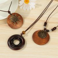 Retro Ethnic Round Wooden Leaf Owl Long Sweater Chain Necklace Women Clock Pendant Female Jewelry Neck Accessories Gifts Collar