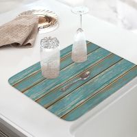 (Yetta) Aqua Vintage Wood Grain Rustic Kitchen Drying Mat โต๊ะรับประทานอาหาร Decor จาน Drying Mat ดูดซับ Coaster Placemat