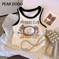 PEAR DODO สไตล์เกาหลีสบาย ๆ พิมพ์รอบคอสั้นเสื้อกั๊กสำหรับผู้หญิง