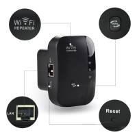 ใหม่ล่าสุด! ตัวรับสัญญาณ WiFi ตัวดูดเพิ่มความแรงสัญญาณไวเลส Wifi Repeater 2.4GHz 300Mbps WiFi Repeater Wireless Range Extender Booster 802.11N/B/G Network for AP Router (สีดำ)