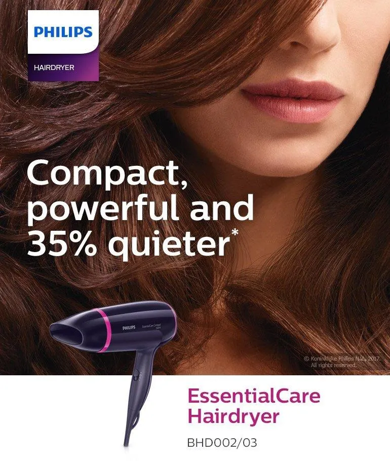Philips BHD002/03 EssentialCare Hairdryer, Silent, 1600W, Black (BHD002) |  Lazada