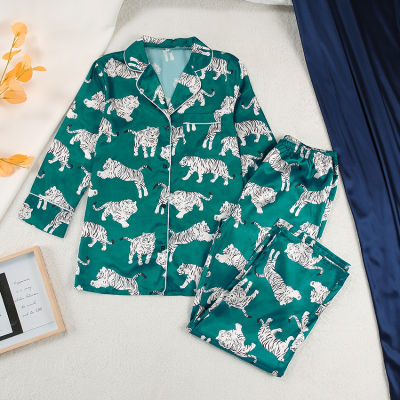 Hiloc Zebra Print Satin Sleepwear Long Sleeve Home Suit For Women Pajama  Chic Pattern Trouser Suits Pocket Homewear Autumn