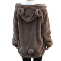 Women Hoodie Zipper Up Loose Fuffy Teddy Hoody Sweatshirts Autumn Cute Animal Bear Ear Outwear Coats Harakuju Tops WDC3316