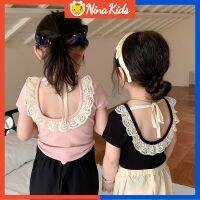 เสื้อยืดเปลือยหลังของผู้หญิงจาก NINAKIDS เสื้อแขนสั้นผูกโบว์ลูกไม้สำหรับฤดูร้อนเสื้อยาวปิดถึงก้น1-6ปี