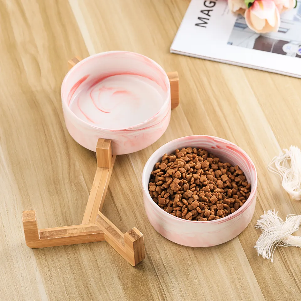 Ceramic Cat Dog Bowl Dish With Wood Stand No Spill Pet Food Water Feeder  Cats Small Dogs Pet Bowl