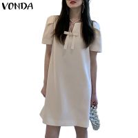 COD DSTGRTYTRUYUY VONDA Women Summer Korean Plain Puff Short Sleeve Plain Pleated A-line Mini Dress