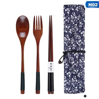 3pcs Portable Spoon Fork Chopsticks Wooden Cutlery Sets Travel Dinnerware Suit Environmental with Cloth Bag for Tableware Gift Flatware Sets