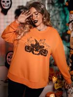 Yuisle Womens Casual Ladies Comfort Plus Size Sweatshirt Plus Halloween Print Drop Shoulder Sweatshirt Leisure Perfect Comfortable Eye-catching (Color : Orange, Size : X-Large)