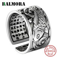 BALMORA Real 999 Silver Vintage Koi Open Stacking Finger Rings for Men Women Couple Special Gift Buddhism Sutra Fashion Jewelry