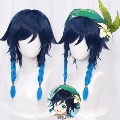 Game Genshin Impact Venti Cosplay Unisex 50Cm Blue Wig Cosplay Anime Cosplay Braid Wigs Heat Resistant Synthetic Wigs + Wig Cap