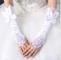 ┇ Womens Long Satin Gloves Fingerless Beaded Sequins Bridal Wedding Accessory Womens Bow Gloves