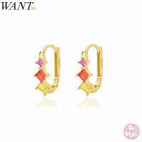 WANTME 925เงินสเตอร์ลิง Shining Square Rainbow Zirconia รูปไข่ Hoop ต่างหูสำหรับผู้หญิงหวานงานแต่งงาน Jewellery