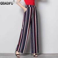 Aolzbiip49h ฤดูร้อนบางลายกางเกงขากว้างผู้หญิง Oversize 3xl Elastic เอว Baggy Pantalones Office lady ตรงกางเกง