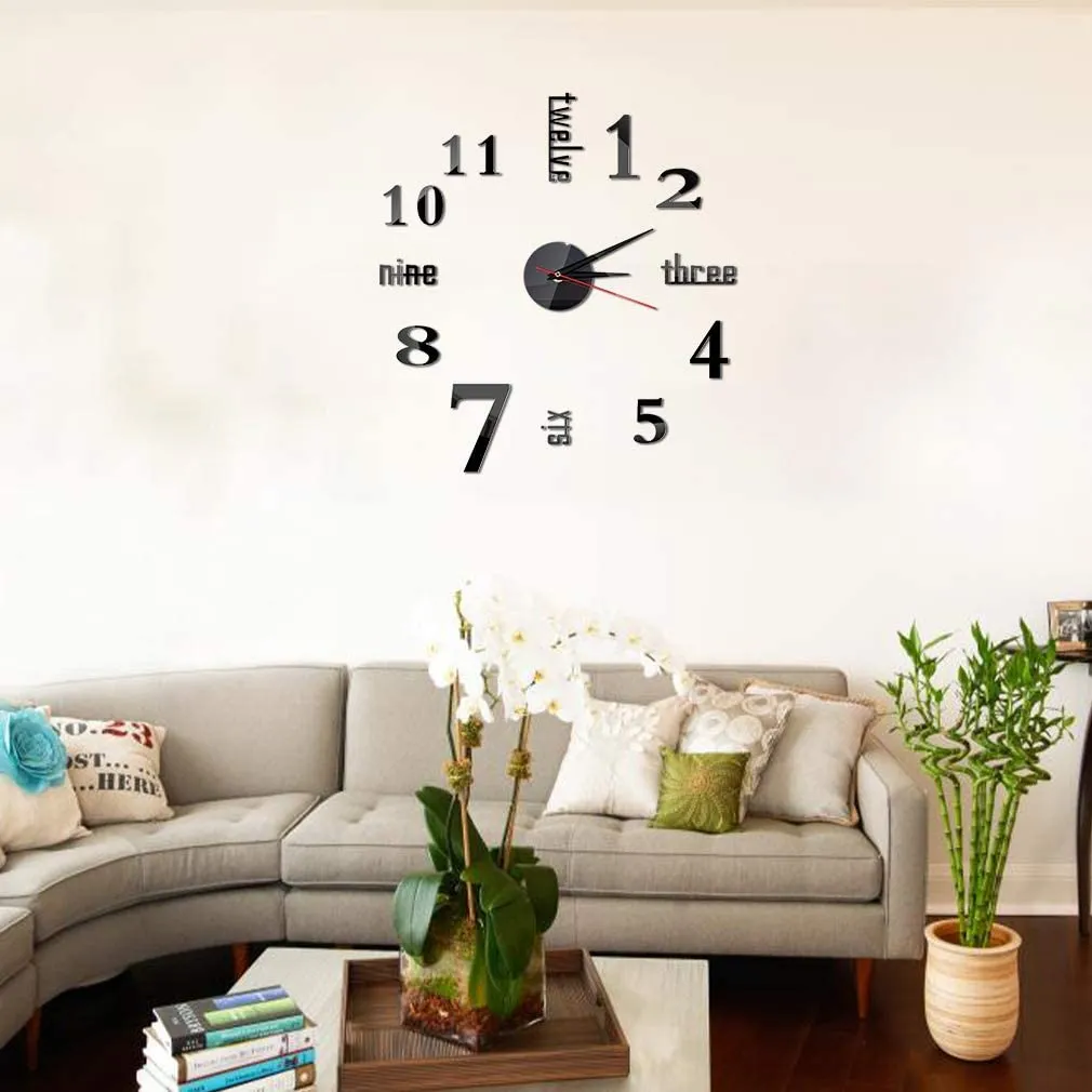 DIY Wall Clock, Modern 3D Frameless Modern Wall Clocks Mirror Sticker Silent  Non Ticking, Easy to Paste Wall Sticker English Letters And Arabic Numerals  Design Assemble Black Round Clock Kit for Living