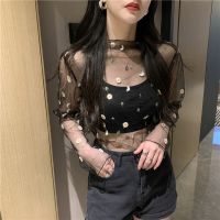 COD Summer Small Daisy Embroidery Bottoming Shirt Womens Long-sleeved Embroidered Net Gauze Shirt Womens Top Lace Shirt