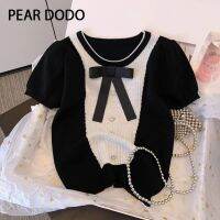 PEAR DODO เสื้อยืดแผงเสื้อถักนิตติ้งแขนสั้นความคมชัดโบว์เกาหลีสำหรับผู้หญิง