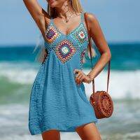 Hot sell Womens hand hook stitching colorful flowers ethnic style summer V-neck pullover hollowed out beach bikini smock suspender dress