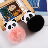 New Fashion PU Leather Animal Panda Keychain Soft Faux Rabbit Fur Pompom Fluffy Hairball Key Chain Women Bag Hanging Decorations Key Chains