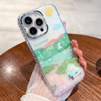 Cartoon Landscape Soft Back Cover For iPhone 15 14 13 12 11 Pro Max Plus Metal Button With Glitter Jewelled Lens Film Phone Case