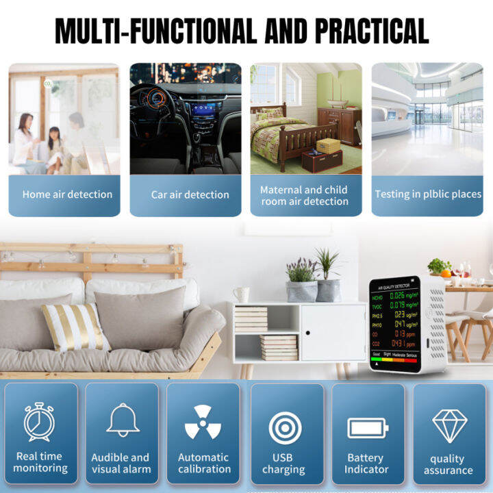 เครื่องหน้าจอที่มีคุณภาพอากาศตัวตรวจจับคาร์บอนไดออกไซด์-lcd-เครื่องวัดความชื้นและอุณหภูมิดิจิทัล-co2m-แอร์6-at-1-pm2-5-pm10-hcho-tvoc