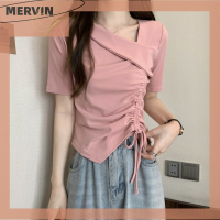 [MERVIN]?[HOT SALE]?? เสื้อยืดแขนสั้นมีเชือกรูดแบบแปลกๆสำหรับผู้หญิงแฟชั่นฤดูร้อนเสื้อครอปทรงพอดีตัว