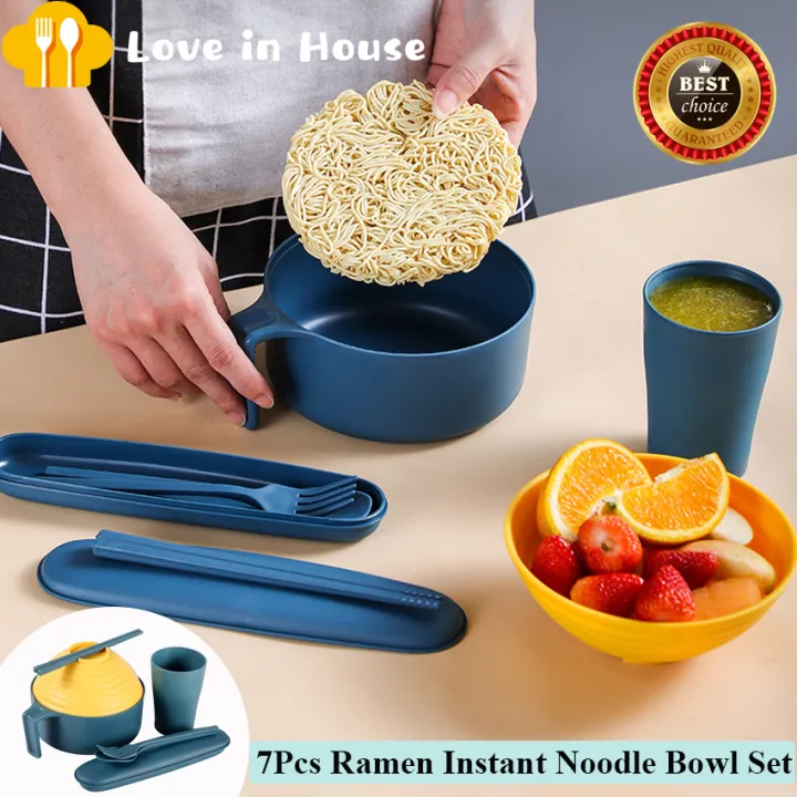 1 Set of 7Pcs Instant Noodle Ramen Bowl Set with Lid Spoon Chopsticks Cup Case