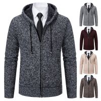 Mens Hooded Cardigan Casual Sport Coat Autumn Winter Fleece Cardigan Warm Comfortable Sweater Fashion Solid Color Sweater