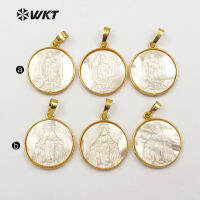 WT-JP042 Religious Luck Token Natural White Shell Round Shape With Gold Trim Pendant For Dainty Necklace Jewelry