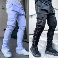 ฤดูร้อนกางเกงลำลองผู้ชายสะโพกป๊อป Joggers สะท้อนแสงหลายกระเป๋ากางเกงวอร์มผู้ชายวิ่งจ๊อกกิ้งกางเกงกางเกงกีฬา