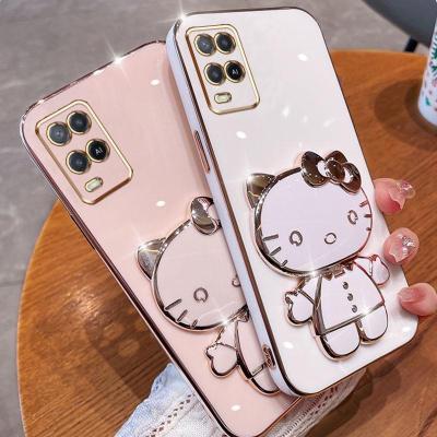 Folding Makeup Mirror Phone Case For OPPO A54 4G  Case Fashion Cartoon Cute Cat Multifunctional Bracket Plating TPU Soft Cover Casing
