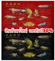 ผ้ากำมะหยี่อย่างดีพิมพ์ภาพปลามังกร9ตัวเจริญรุ่งเรือง ร่ำรวย มั่นคง ตกแต่งด้วยเกร็ดเพชรสวยงาม 18x30 นิ้ว