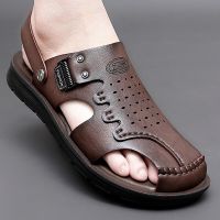 Summer Brown Beach Slippers Cowhide Sandals Comfortable Shoes Men Baotou Sandals Platform Genuine Leather Non-Slip Outdoor Shoes House Slippers