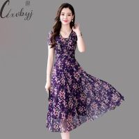 【YF】 Fashion Print Summer Dress For Women Flowers Short Sleeve Chiffon Elegant Plus Size Slim Waist Beach A-Line M-5XL